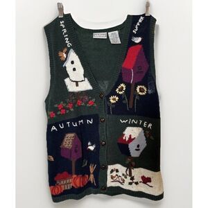 Vintage New Look Sweater Vest Bird House M Embroidered Blue Cottage Core Granny